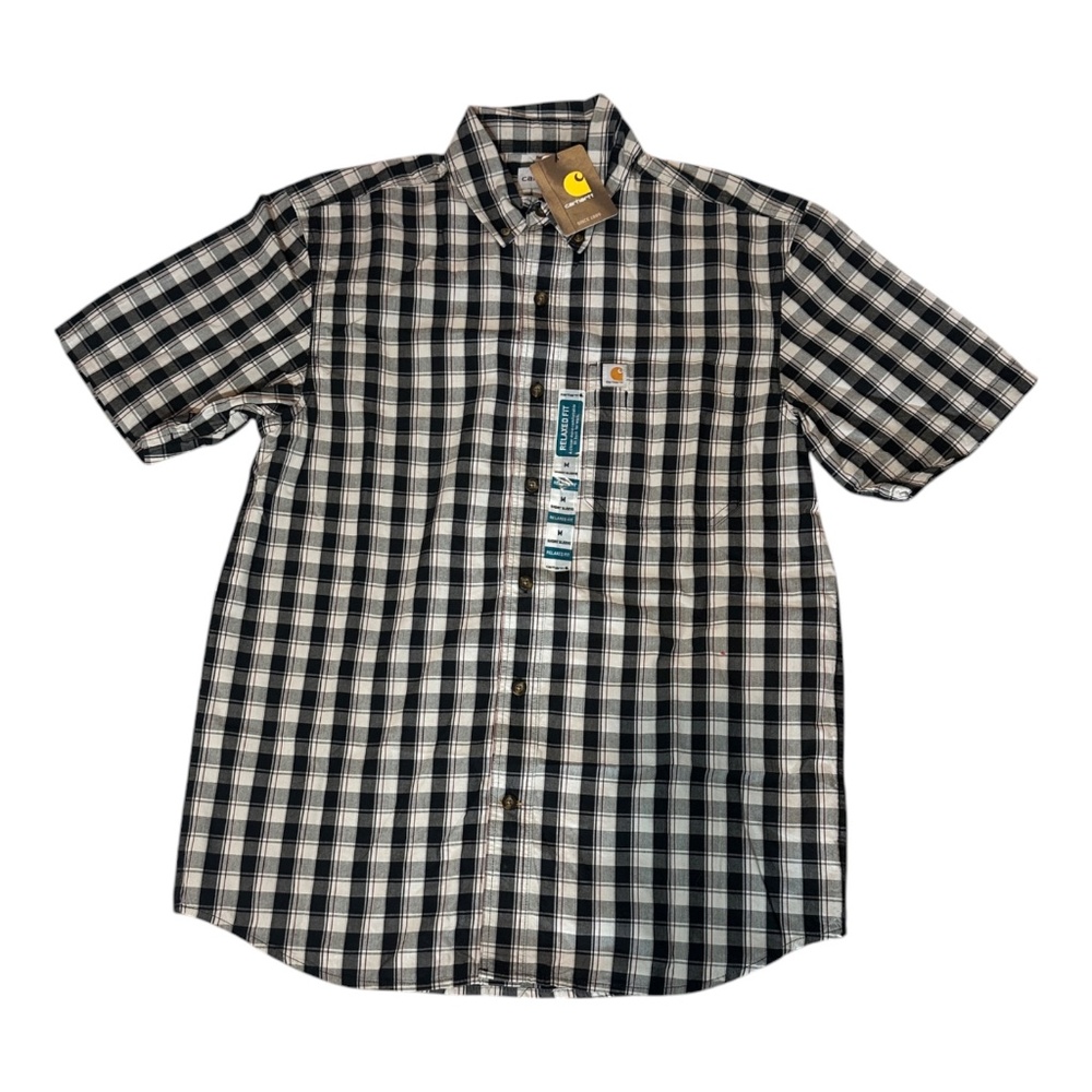 Carhartt 104174 N04 Relaxed Fit Black Plaid Button Down Short Sleeve M READ (A)